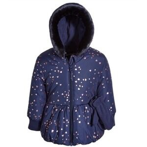 Rothschild Baby Girls Navy Blue Heart Print Puffer Coat Faux Fur Hood 18M peplum